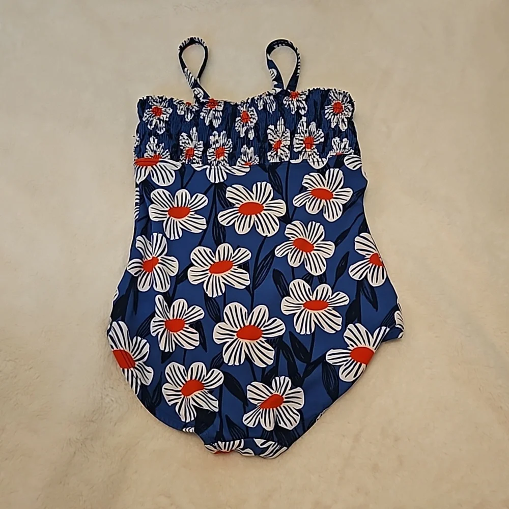 Hanna Andersson Blue Floral One-Piece Swimsuit with White & Orange Flowers